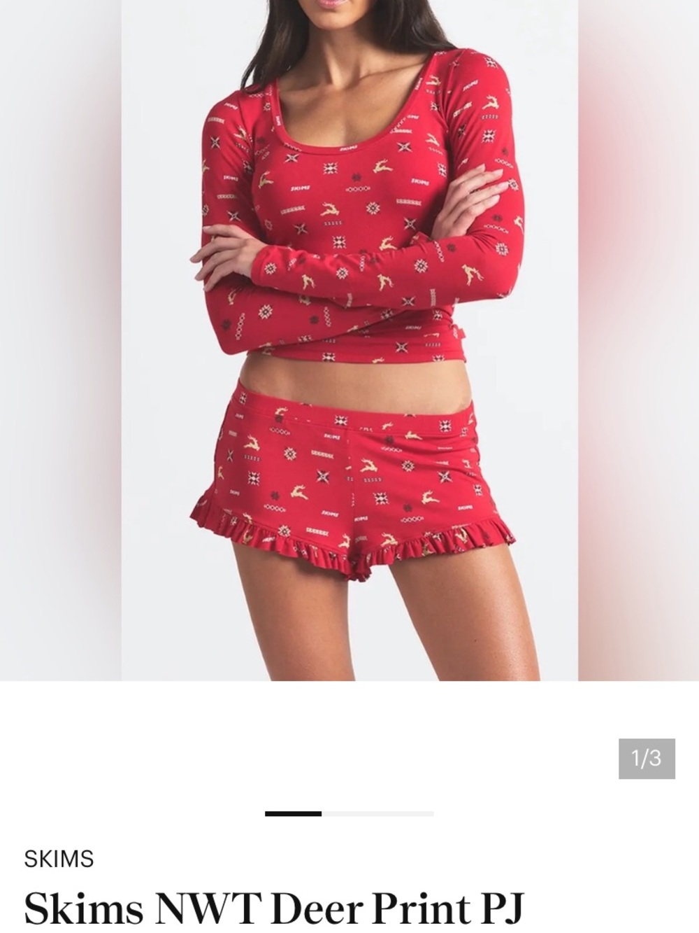 SKIMS Red Deer-Print Long-Sleeve PJ Top & Ruffle Hem Shorts